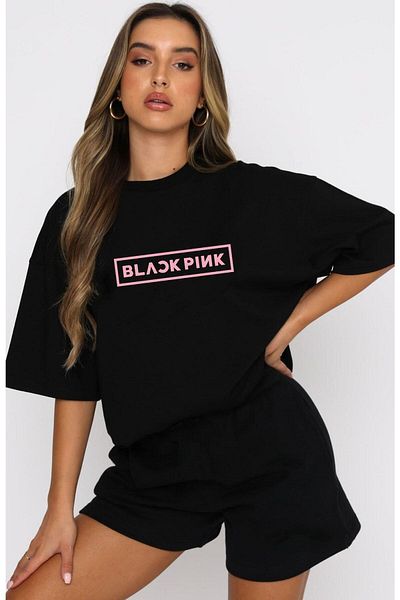 Mythologie Blackpink T-shirt Shorts - Black Shorts T-Shirt Bottom Top Set Printed Oversize Crew Neck