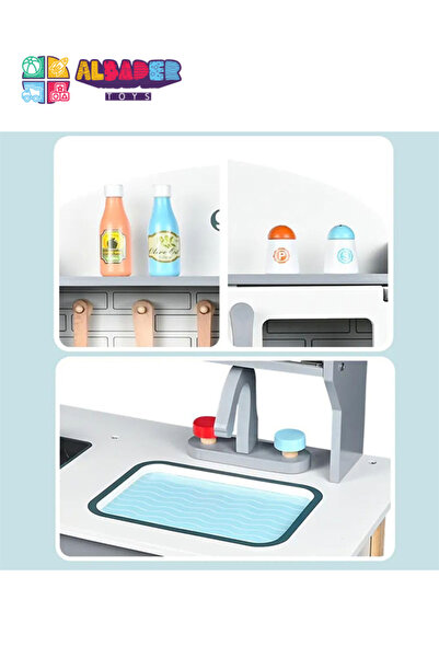 ALBADER مطبخ لعب، مجموعة مطبخ خشبية حقيقية للأطفال مع ميكروويف، مطبخ لعب خشبي