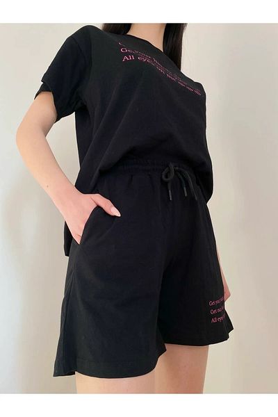 Mythologie All Eyes On Me T-shirt Combed Cotton Shorts - Black Shorts T-Shirt Bottom Top Set Printed Oversize Crew Neck