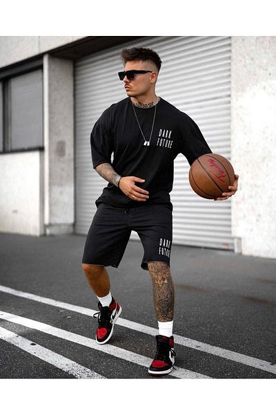 Mythologie Dark Future T-Shirt Combed Cotton Shorts - Black Shorts T-Shirt Team Printed Oversize Crew Neck