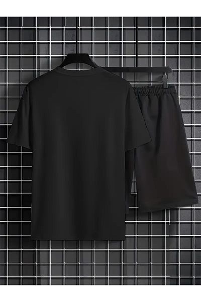 Mythologie Balance Stripe T-Shirt Combed Cotton Shorts - Black Shorts T-Shirt Set Printed Oversize Crew Neck