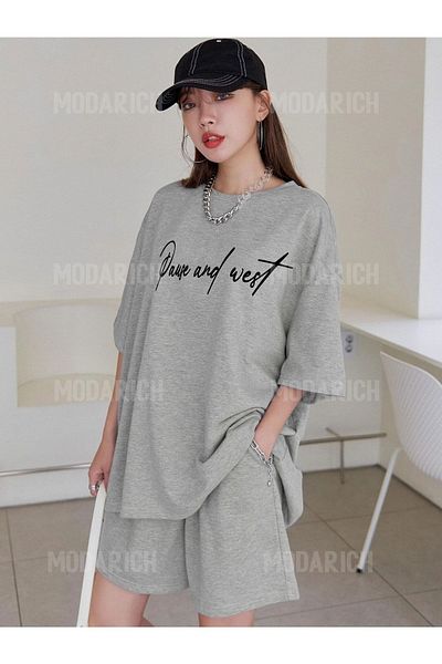 Mythologie Pause and West T-Shirt Combed Cotton Shorts - Gray Shorts T-Shirt Bottom Top Set Printed Oversized Crew Neck