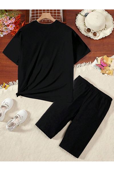 Mythologie Literally Just a Girl T-Shirt Combed Cotton Shorts - Black Shorts T-Shirt Suit Printed Oversize Crew Neck