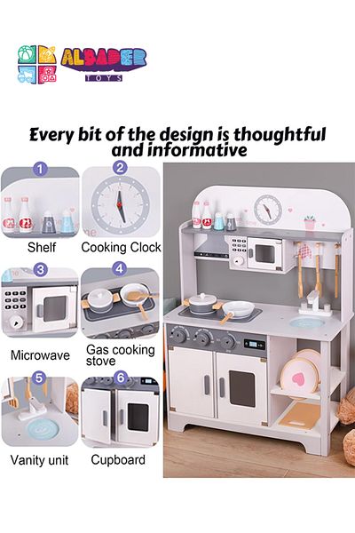 ALBADER Play Kitchen, Real Wooden Kitchen Set for Kids with Microwave, Wooden Play Kitchen