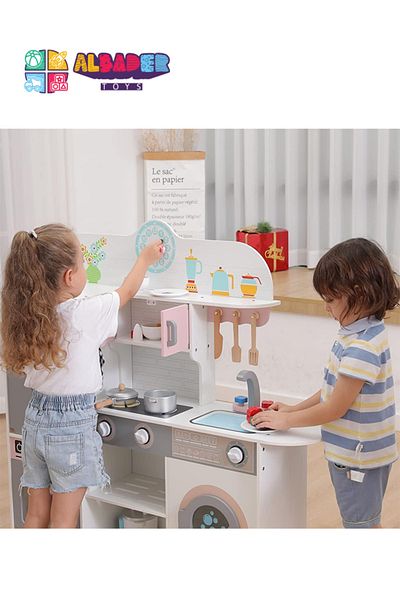 ALBADER Kids Kitchen Playset, Children Play Kitchen for Toddler With accessories, Wooden Kitchen Toy