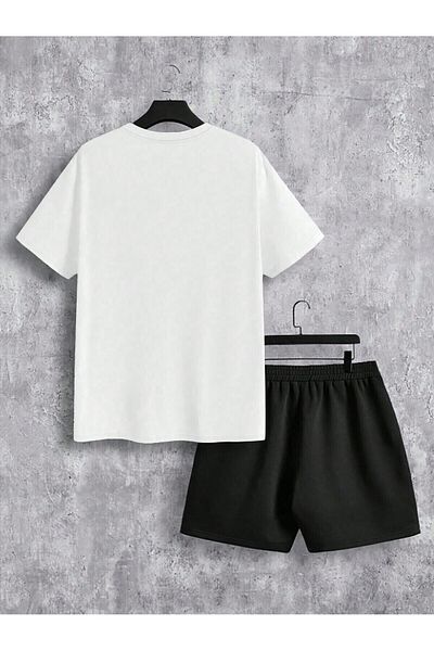 Mythologie Malibu Vibe T-Shirt Combed Cotton Shorts - White Black Shorts T-Shirt Team Printed Oversize Crew Neck