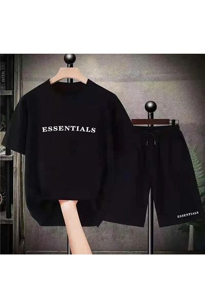 Mythologie Essentials Black T-shirt Combed Cotton Shorts - Shorts T-Shirt Bottom Top Set Printed Oversize Crew Neck