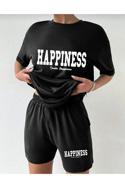Mythologie Happiness T-Shirt Combed Cotton Shorts - Black Shorts T-Shirt Suit Printed Oversize Crew Neck