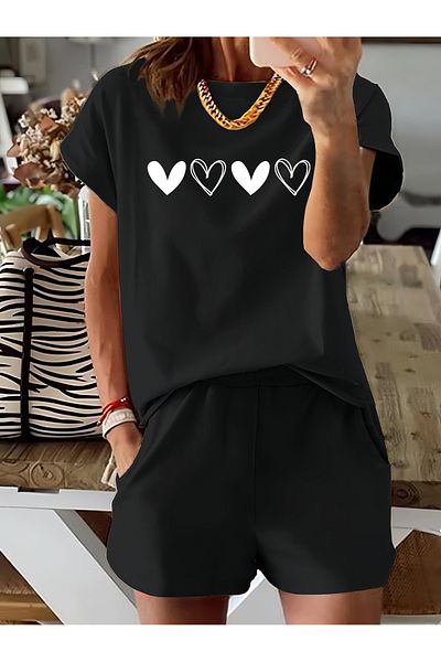 Mythologie Hearts T-Shirt Combed Cotton Shorts - Black Shorts T-Shirt Suit Printed Oversize Crew Neck