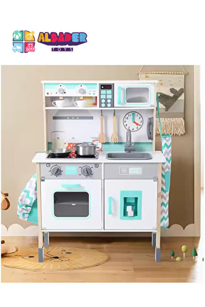 ALBADER مطبخ لعب، مجموعة مطبخ خشبية حقيقية للأطفال مع ميكروويف، مطبخ لعب خشبي
