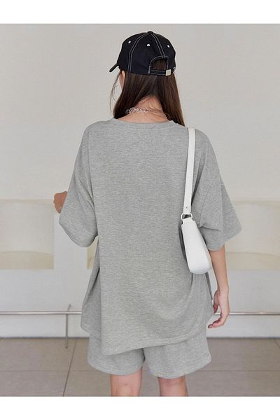 Mythologie Favorite T-Shirt Combed Cotton Shorts - Gray Bottom Top Set Printed Oversize Crew Neck