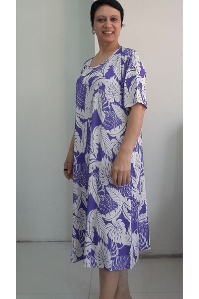 Mertcan Butik Purple White Leaf Print Short Sleeve Combed Viscose Dress