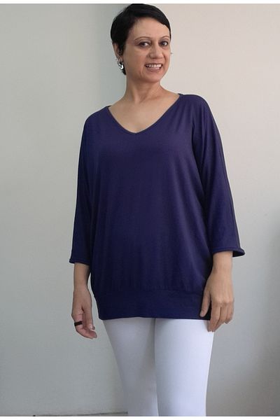 Mertcan Butik Navy Blue V-Neck Three-Quarter Sleeve Bat Style Combed Viscose T-Shirt