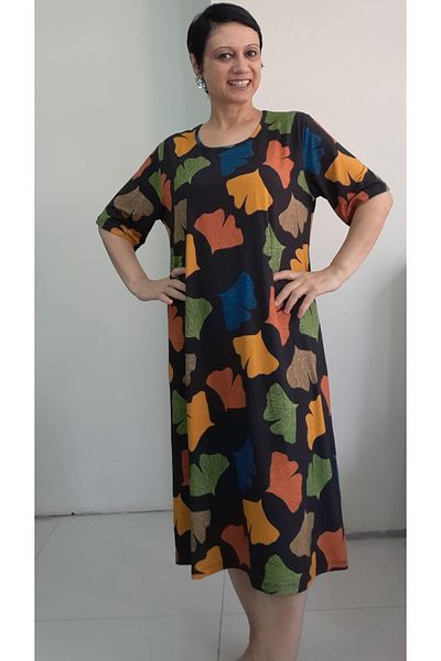 Mertcan Butik Black Mustard Green Leaf Print Short Sleeve Combed Viscose Dress