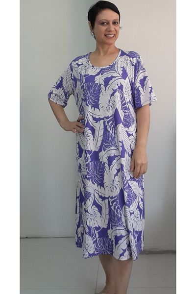 Mertcan Butik Purple White Leaf Print Short Sleeve Combed Viscose Dress