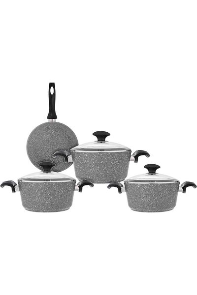 Valiz Granite Cookware Set with Glass Lid, 7 Pieces, Turkish - Gray