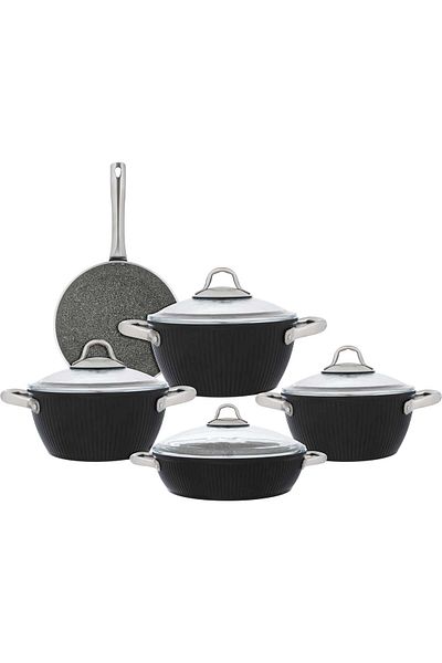 Vales Granite Cookware Set by Vales, 9 Pieces, Steel Handle - Black