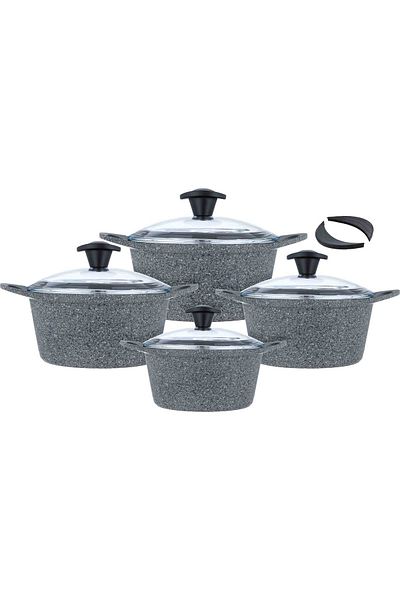 Vals Granite Pots Set Vals, 8 Pieces, with Glass Lid - Light Gray