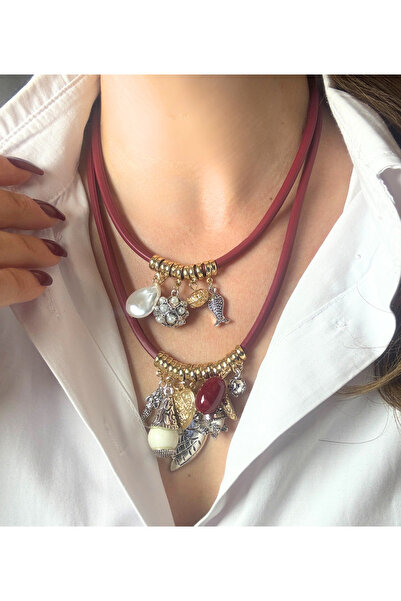 LYRA OFFİCİAL Zr Brand Burgundy 2-Piece Charm Pearl Pendant Necklace Set