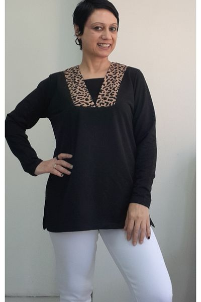 Mertcan Butik Black V-Neck Collar Leopard Garnish Long-Sleeved Combed Viscose T-Shirt