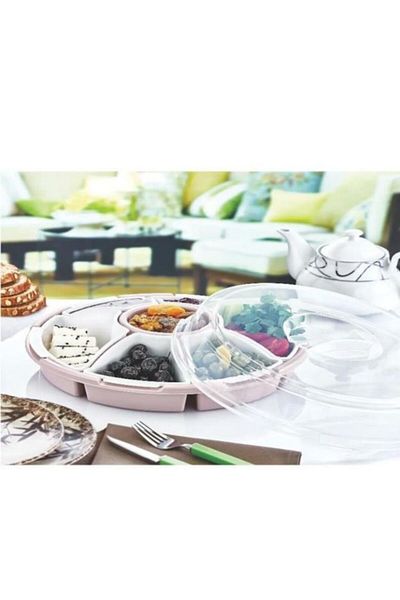Şener collection 7 Compartment Nut and Snack Presentation Plate with Rotating Lid – Organizer with Transparent Lid