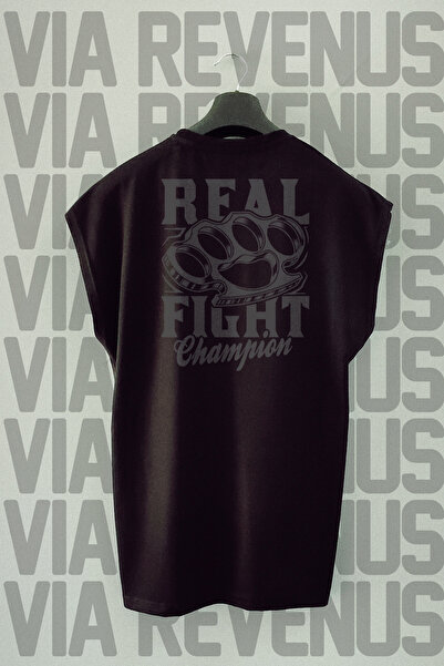 Vordevia Tricou sport cu mâneci zero cu imprimeu pe spate Real Fight
