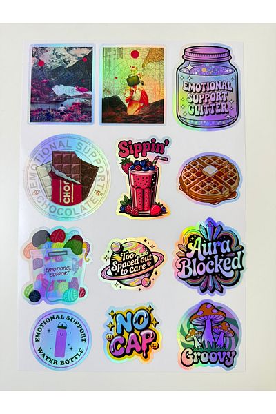 cakaybu Hologram Aesthetic Sticker Set – 12 Colorful and Humorous Designs, Laptop & Notebook Compatible