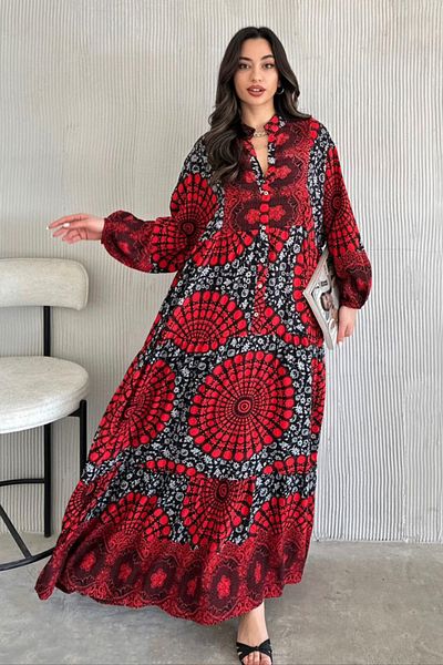 AYASOFYA OTANTIK Women's Red Button Detailed Patched Collar Ethnic Patterned Balloon Sleeve Loose Long Dress