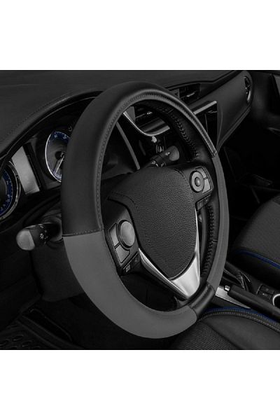 Cat Durable Two Tone Ergonomic Soft Leather Grip Steering Wheel Cover Charcoal and Black