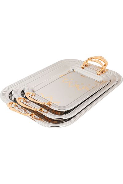 Alsaif Gallery Steel Serving Tray Set, Mandala Design, 3 Pieces - Silver