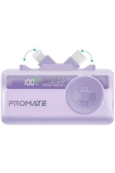 Promate 3 in 1 Mini Power Bank, 5000mAh with 20W USB-C™ In/Out Foldable Connector, 12W Lightning F