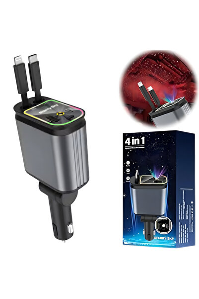 JUSTNET 4-in-1 Fast Car Charger 66W QC3.0 PD30W, USB-C USB-A, Retractable Cables, RGB Light, Compact 180°