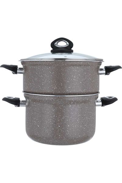 Alsaif Gallery Granite Steam Cooking Pot, Al Saif Gallery, 30 cm, Glass Lid, Two Pieces - Brown