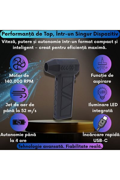JUSTNET Suflantă de aer portabilă 3 în 1 cu aspirație, lumină LED încorporată, motor de 180 W la 140.000 RPM