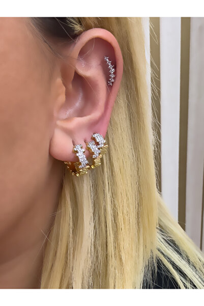 Hicrans Takı MİX RENK ZİKZAK TAŞLI ÜÇLÜ SET ÇELİK KÜPE