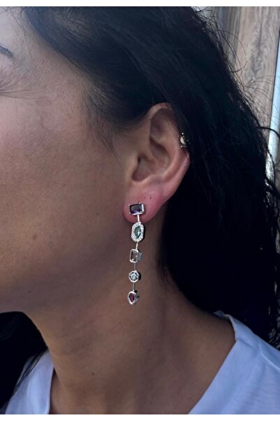 Byoz store Silver 5 Rows of Colored Stones Hanging Earrings