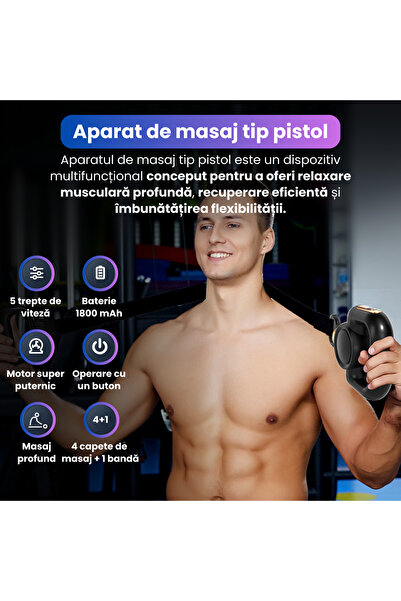 JUSTNET Aparat de Masaj Tip Pistol 3 in 1, 5 Viteze, 4 Capete, Autonomie 4 Ore, Masaj Fascial
