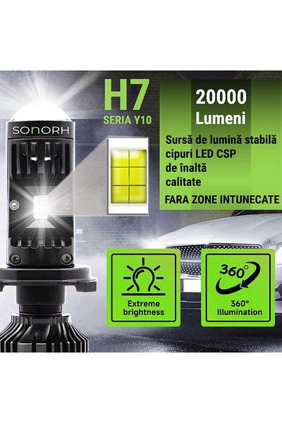 SONORH Set of 2 LED Bulbs H7 with Magnifier, 120W, 20000 Lumens, 6000K, Canbus, Fan, Plug&Play