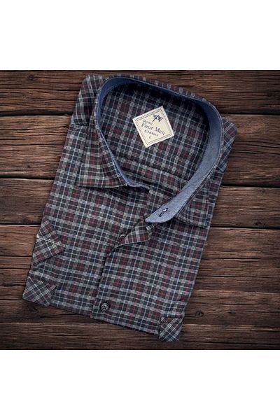 GÖMLEK GALERİSİ Men's Classic Loose Fit Double Pocket Plaid Short Sleeve Cotton Shirt
