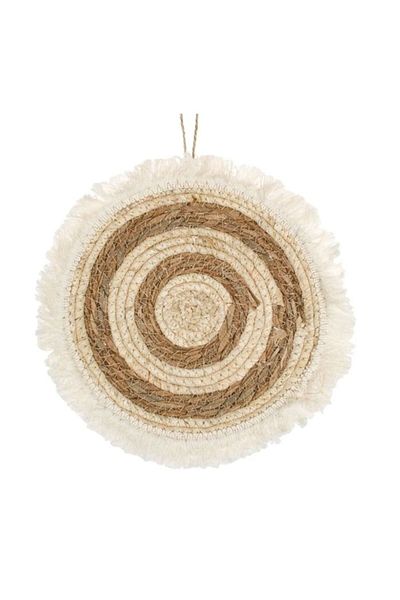 BREZIUM Decoratiune pentru perete rotunda, cu franjuri scurte, Bej/Maro, 25 cm