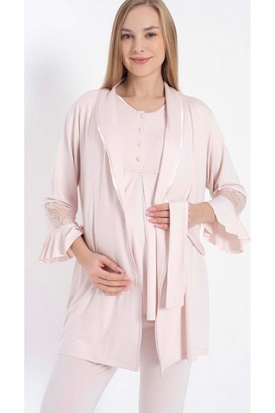 Anıl Maternity Pajamas Dressing Gown Set 11314 Short Sleeve Viscose Lace Detail