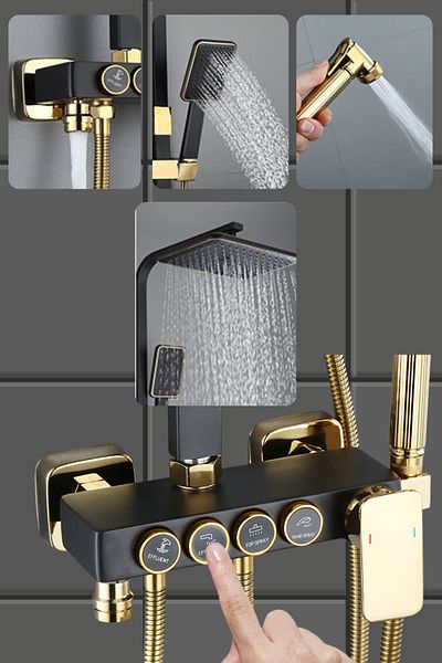 clickzu Clickzu 4-in-1 shower column, mixer, rain head, hand shower, bidet, tap, black-gold, brass