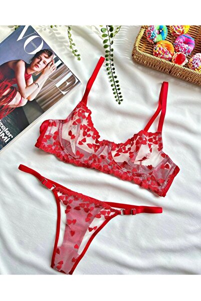 Pretty Kırmızı Kalpli Balenli Dantelli Sütyen Tanga Takımı - Fantezi İç Giyim