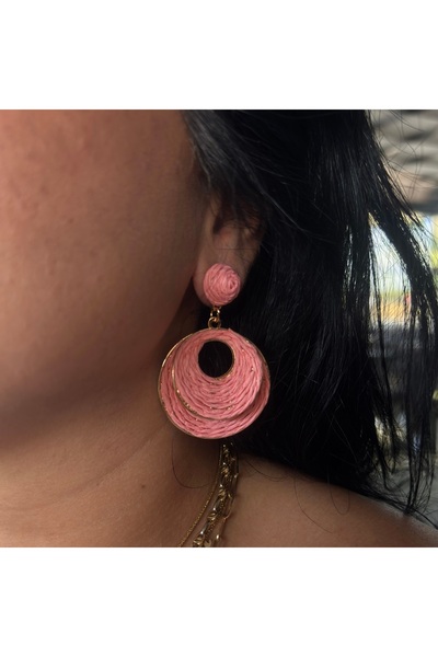 FASHİON JEWELRY Tasarım Hasır Sallantılı Halka Küpe Şeker Pembesi