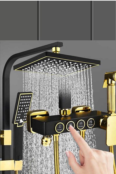 clickzu Clickzu 4-in-1 shower column, mixer, rain head, hand shower, bidet, tap, black-gold, brass