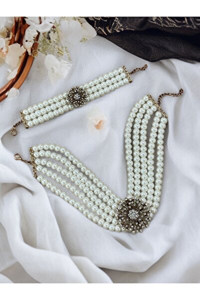 FAYRA ACCESSORIES Zirkon Taşlı Dandelion Inci Kolye Ve Inci Bileklik Seti