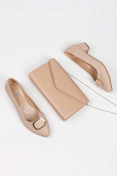 MFT AYAKKABI Women's 3 cm Buckle Short Thick Heeled Shoes and Bag Set