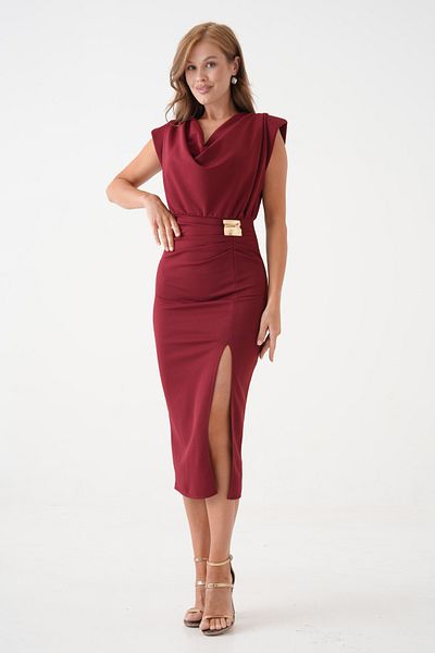 WOMAN VISION Rochie midi burgundă fără mâneci pentru femei Degaje cu decolteu și detaliu de accesorii 77130