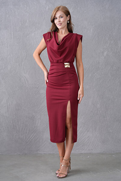 bayansepeti Burgundy Degaje Collar Slit and Accessory Design Draped Sleeveless Midi Dress 77130
