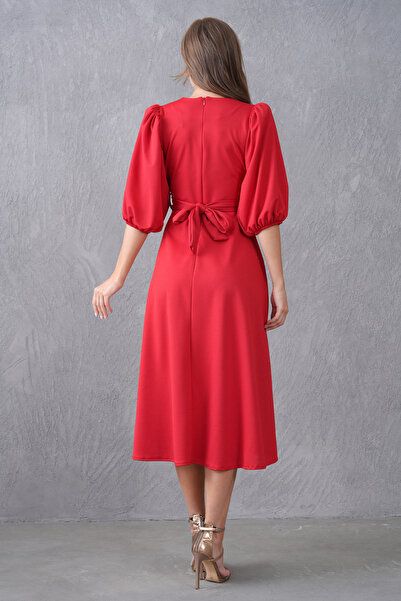bayansepeti Women's Stretchy Crepe Fabric Short Balloon Sleeve V Neck Belted Midi Length Flared Cut Red Dress 3602